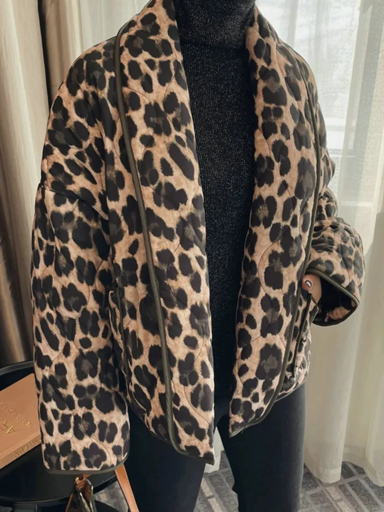 EWQ European Style Fashion Leopard Print Cardigan Cotton Parka Jacket Thin Cotton-padded Coat Top Women Winter 2024 Autumn New