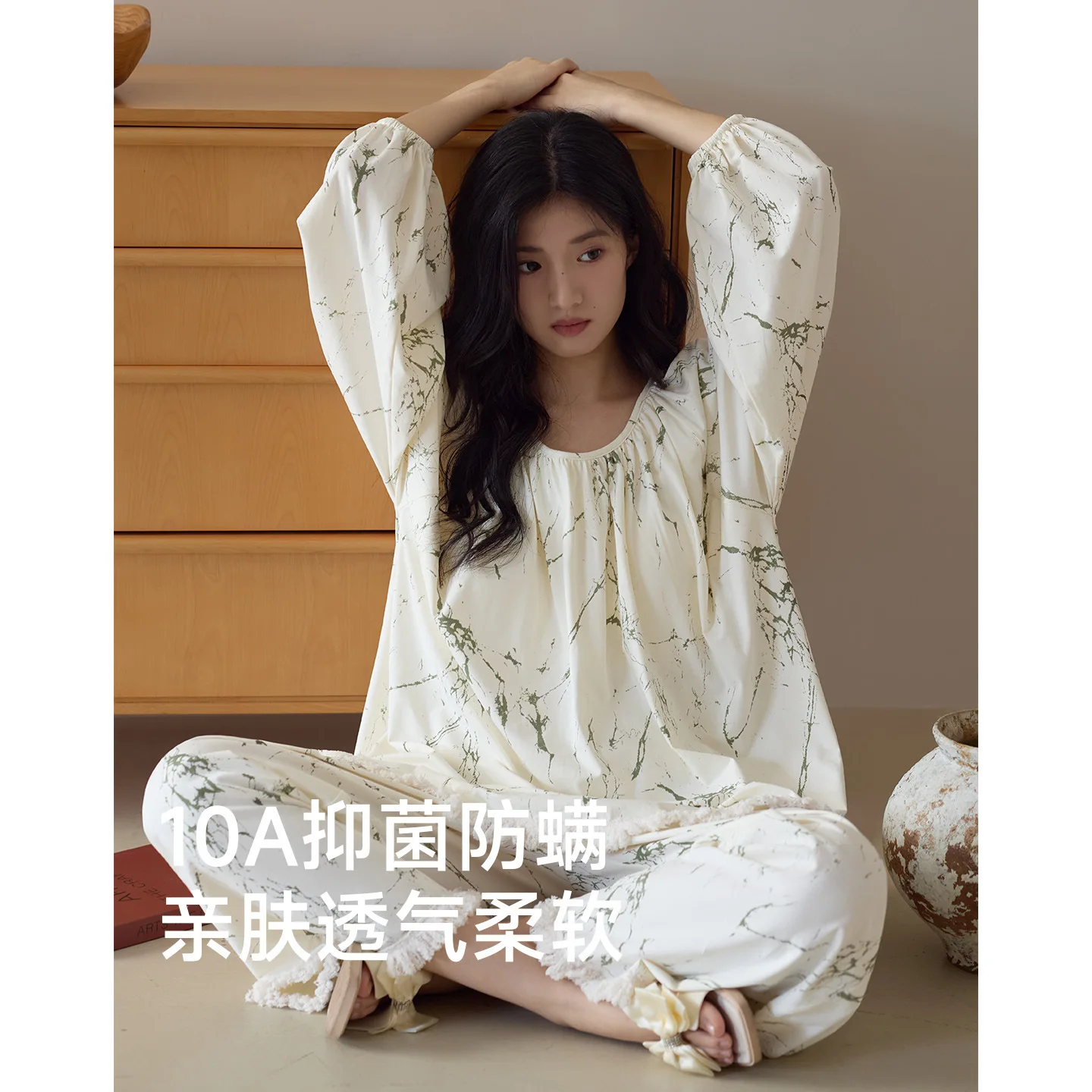 

10A Antibacterial Pajamas Women's Spring Autumn Long sleeved Palace Style Su High end Cotton Loose Large Home Clothes