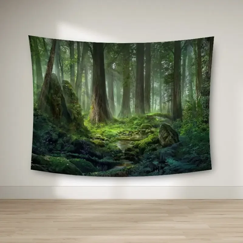 VIKAMA Misty Stream Forest Tapestry Wall Hanging for Living Room Bedroom Tea Room Wall Art Natural Boho Home Decor
