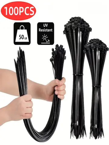 100pcs Black Cable Ties High Tensile Strength, Uv Resistant, Self-Locking For Home & Office Cord Management