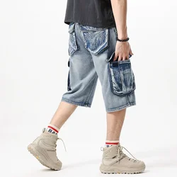 Men's jeans, loose hip-hop jeans, multi pocket skateboard jeans, men's tactical jogging denim shorts, sizes 38-46