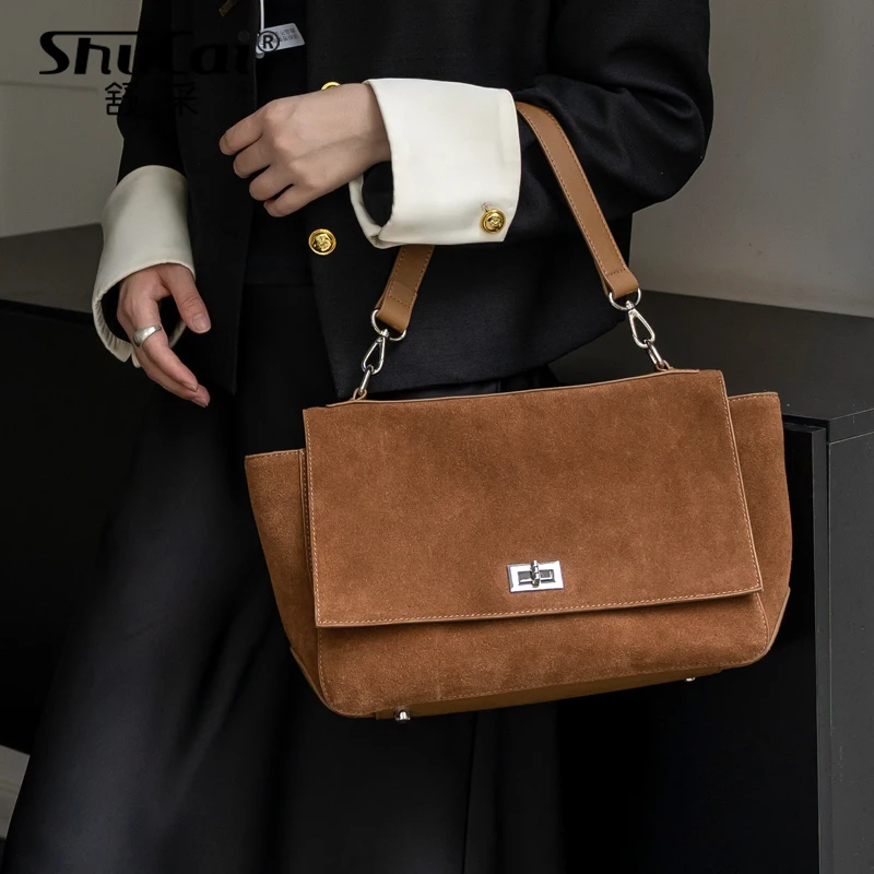 

Matte Suede Genuine Cow Leather Big Women's Shoulder Crossbody Bag Luxury Designer High Quality Commute Female Handbag Cowhide