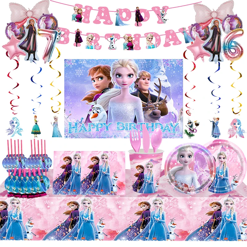 Disney Frozen Birthday Party Decorations Supplies Anna Pink Tableware Paper Plates Cups Napkins Elsa Balloons Girls Baby Shower