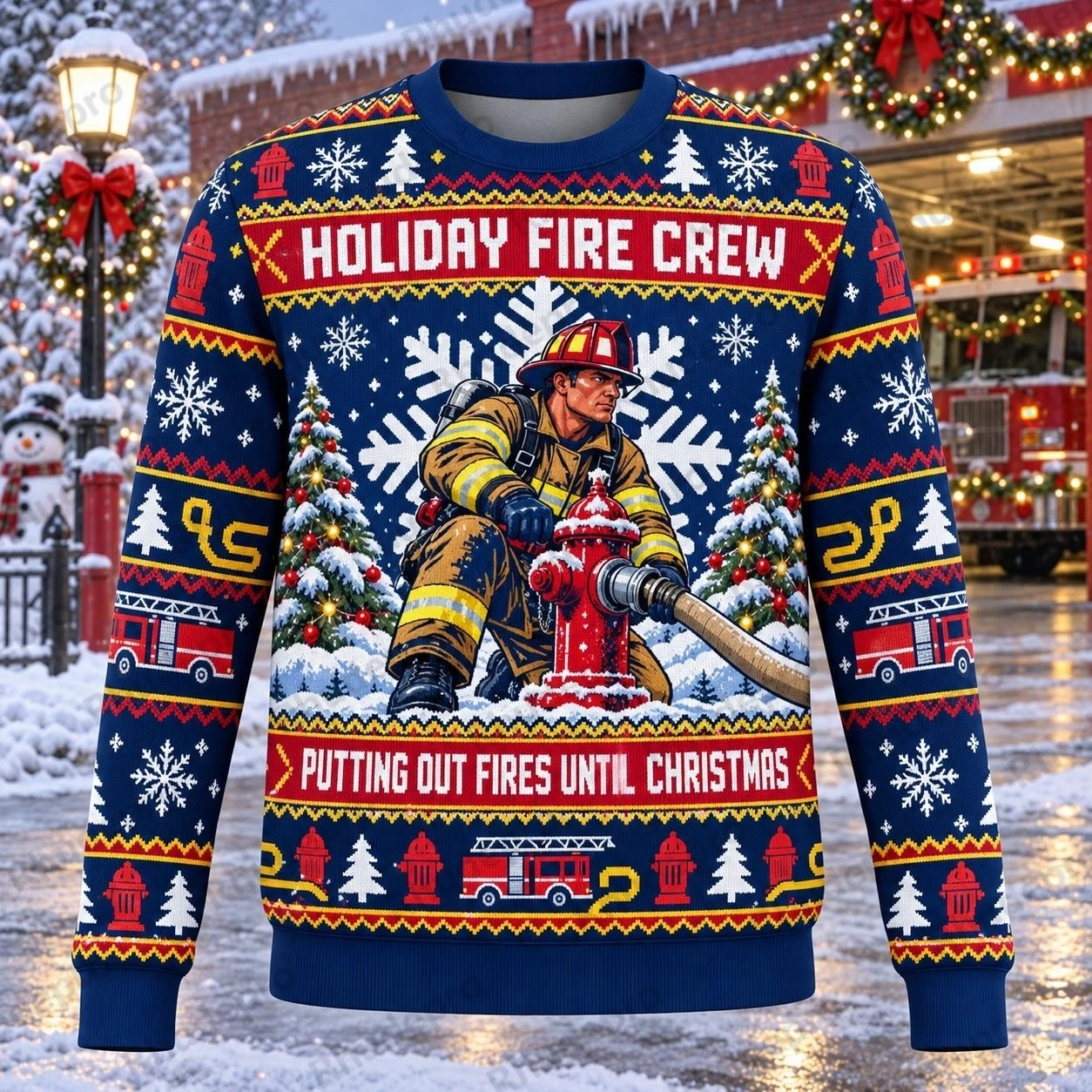 Ugly Christmas Sweater Firefighter Holiday Fire Crew Crewneck Sweatshirt Polyester 3D Print Rescue Pullover Gift Men 2027