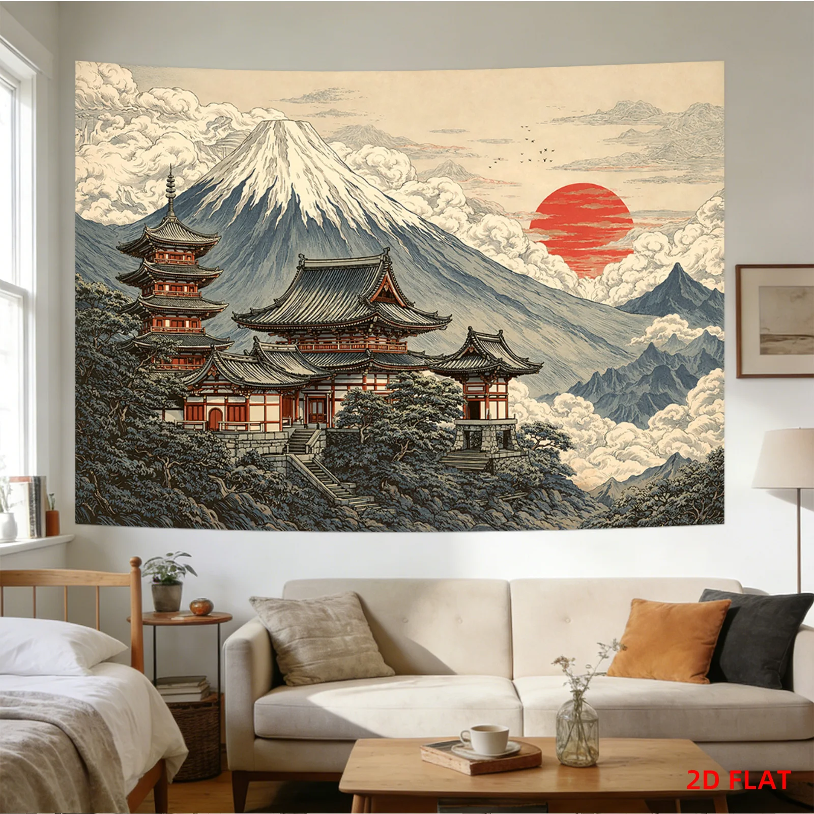Majestic Japanese Mount Fuji Temple Landscape Tapestry Oriental Scroll Wall Hanging Art Decor for Home Room Decor
