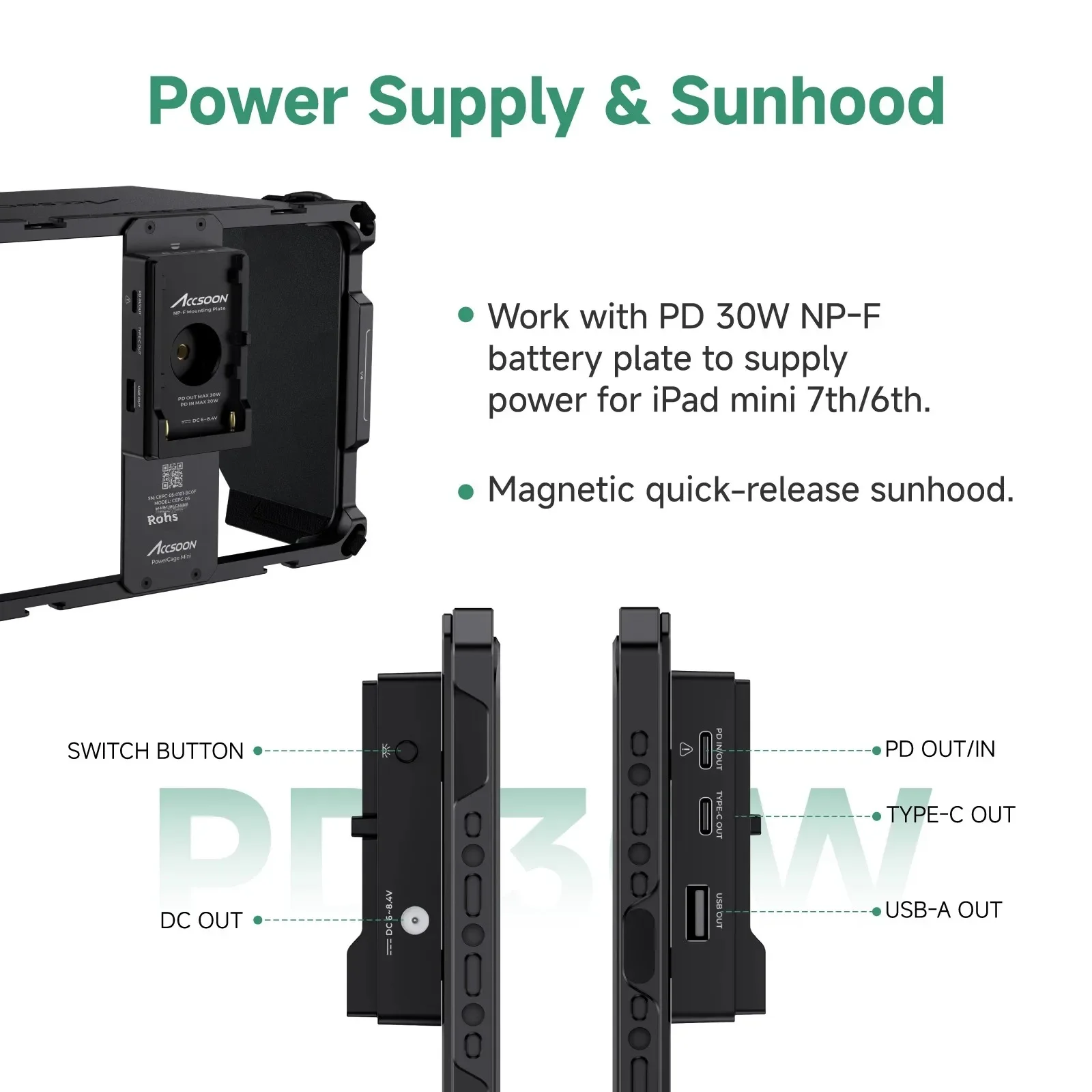 ACCSOON PowerCage Mini shell for ipad mini 7th 6th, 8.3inch ipad cage Support NP-F battery , for Seemo, Seemo Pro