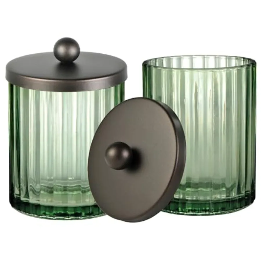 Sage Green Glass Apothecary Jar With Metal Lid and Stickers, Bathroom Qtip Holder Dispenser for Cotton Swabs, Balls, Round Pads