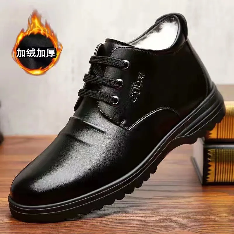 Men's winter fleece and thickened cotton leather shoes, thick-soled anti-slip casual high-top warm cotton shoes