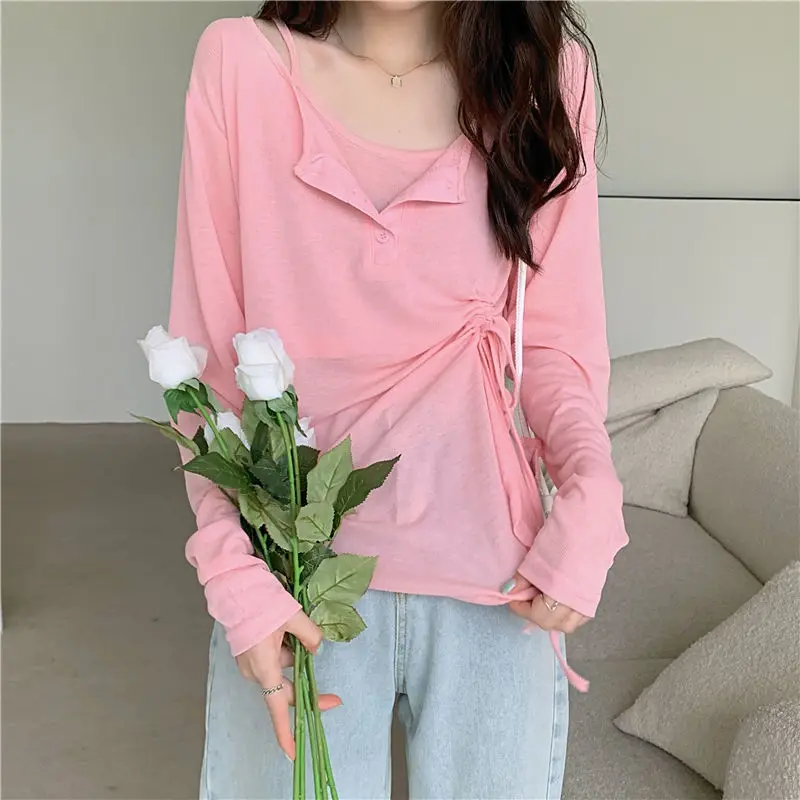 T-shirts Sets Women Asymmetrical 2pcs New Minimalist Camisole Summer Sun-proof Bandage Leisure Ulzzang Ladies Breathable Stylish