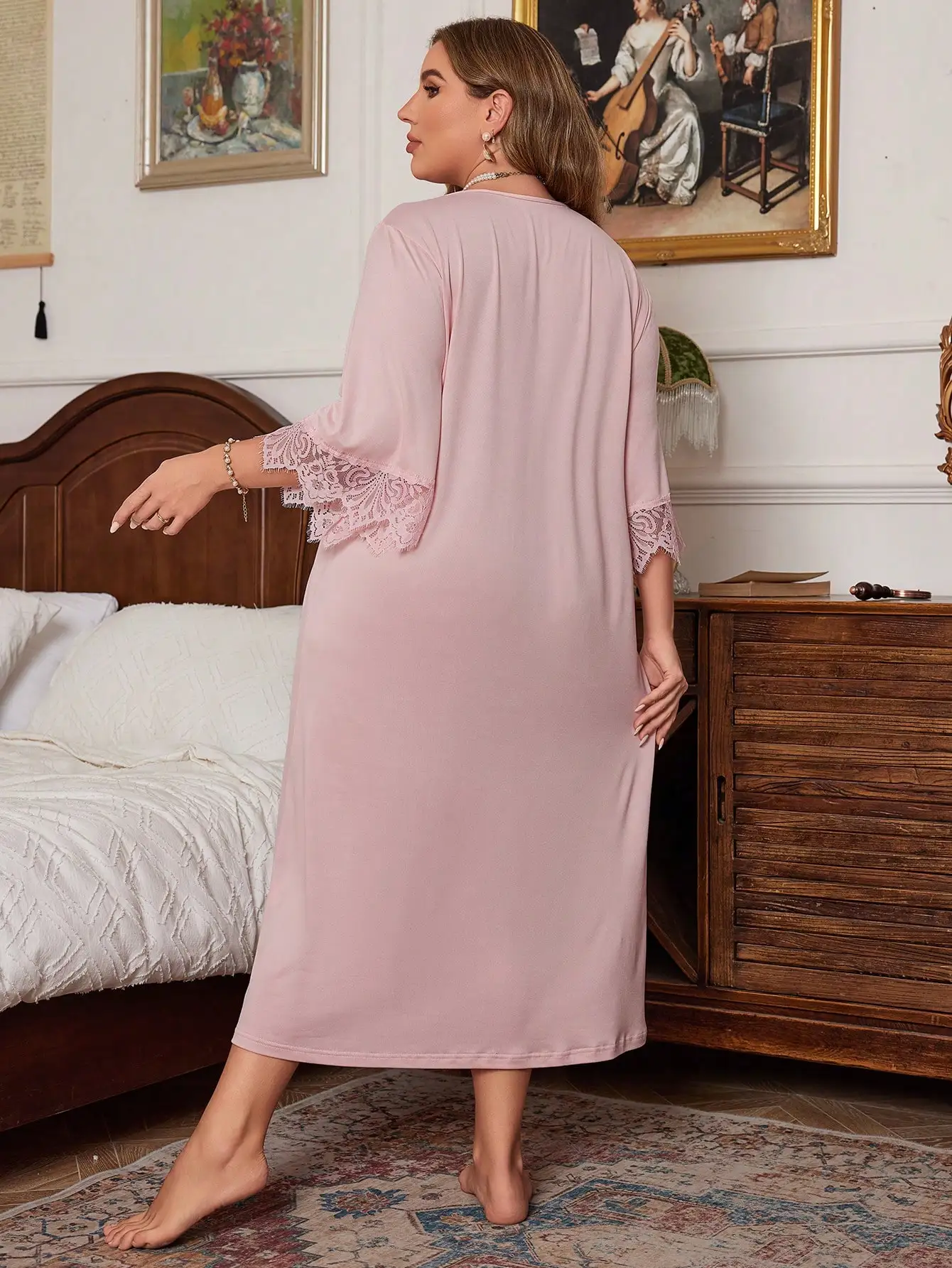 Women's Soft Pink Skin-Friendly Stretch Modal Nightgown, Eyelash Lace V-Neck 3/4 Lace Sleeve Loose Cover-Flesh Long Gentle Plus