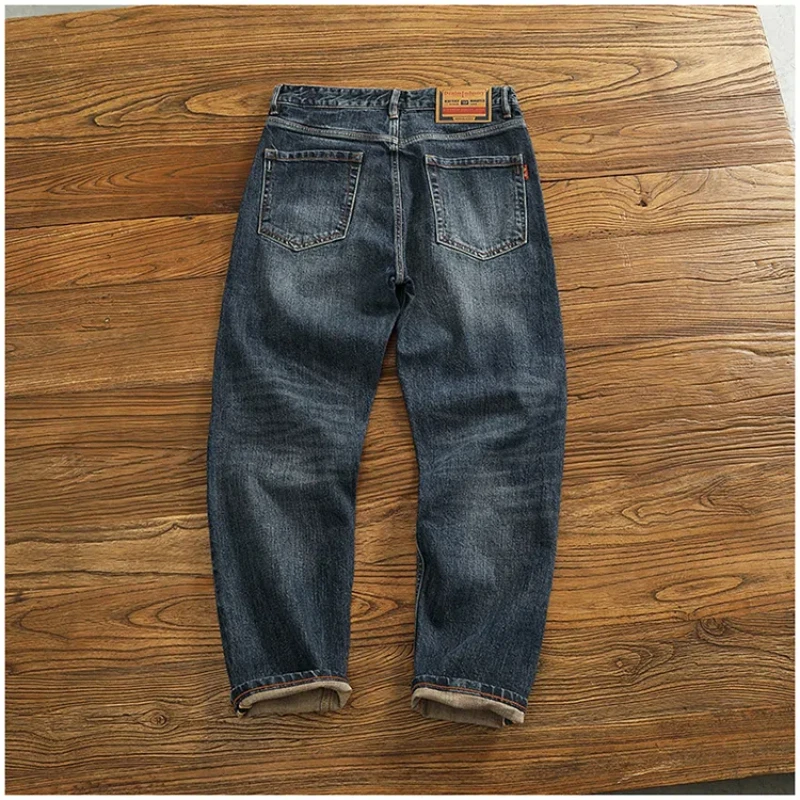 14.5OZ Heavy retro classic SLIM Slim Straight leg jeans men's micro elastic red tannin wrapped denim pants