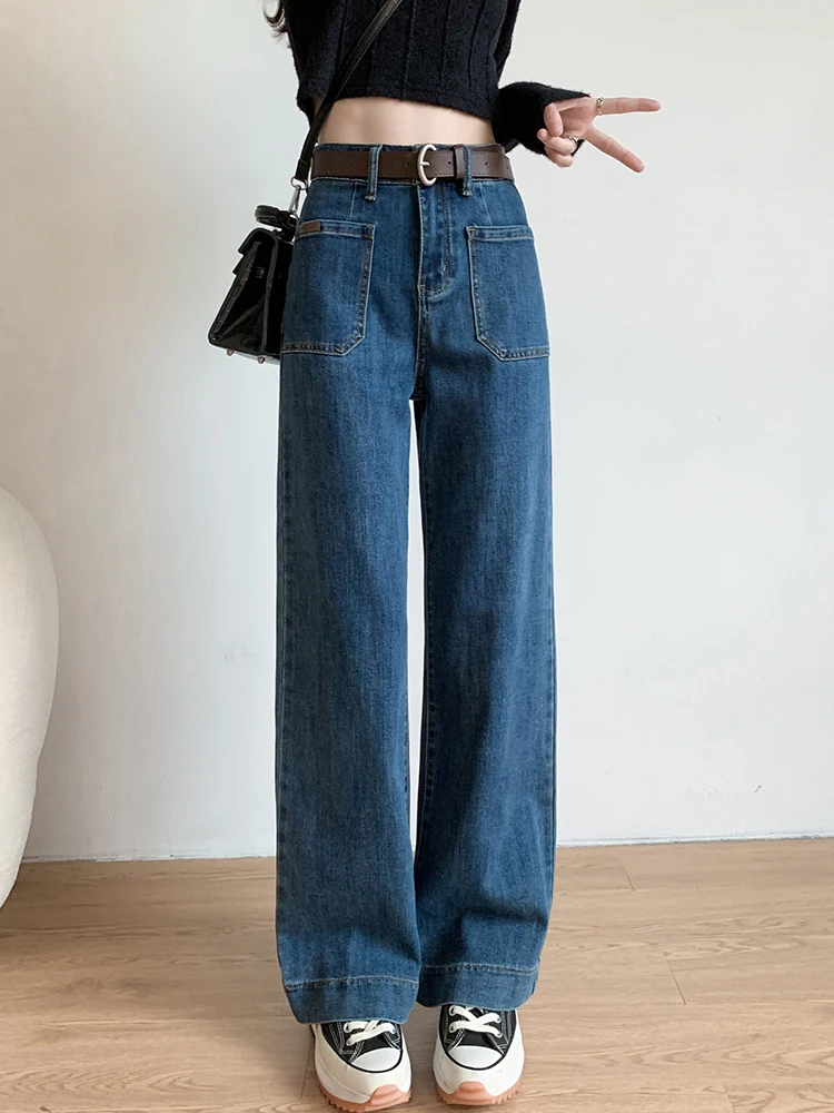 2023 Office Lady Simple Daily Basic High Waist Jean Trousers Loose Wide Leg Straight Women Denim Pants Autumn New Korean Style