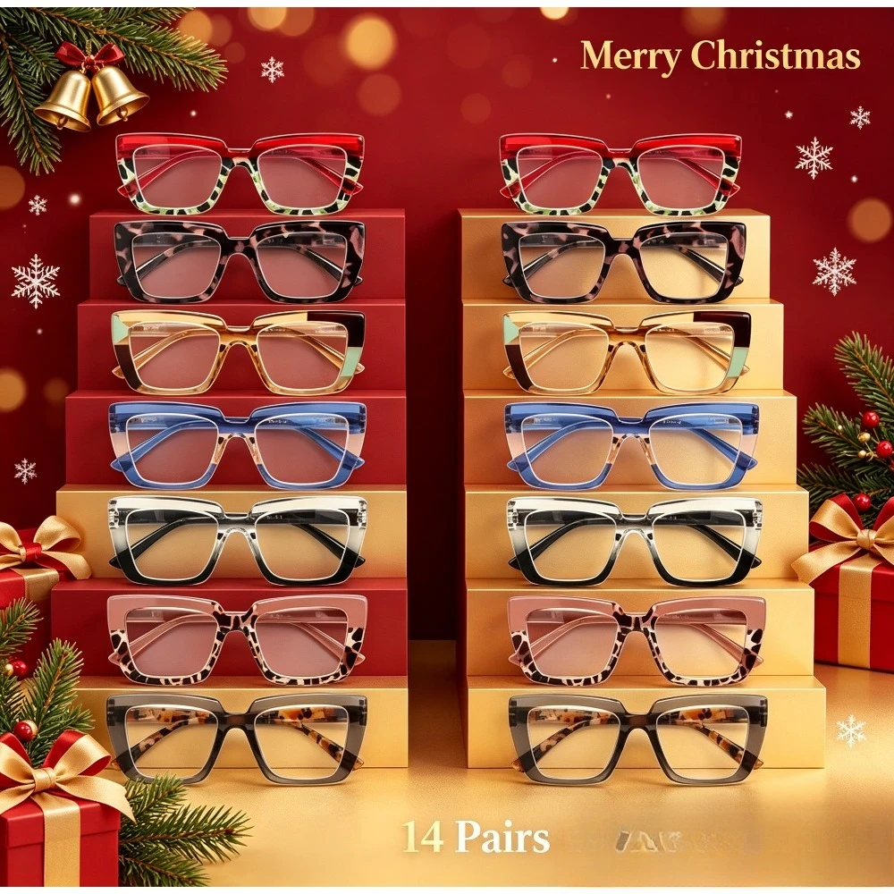 14 Pairs of Mixed-color Large-frame Reading Glasses, Fashionable Tortoiseshell Color-matching Frame Reading Glasses, Daily Decorative Glasses Gift Box Set for Home Wear, Unisex, Suitable for Christmas and Halloween Gifts
