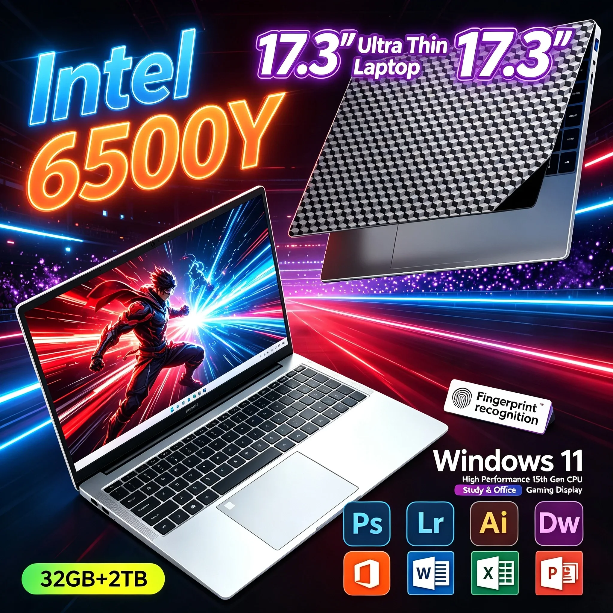 Large HD 17.3 Inch Notebook Laptop Intel 6500Y 32GB RAM 1TB Or 2TB SSD Win 11 WiFi6 BT5.2 Portable PC For Office Daily Work Home