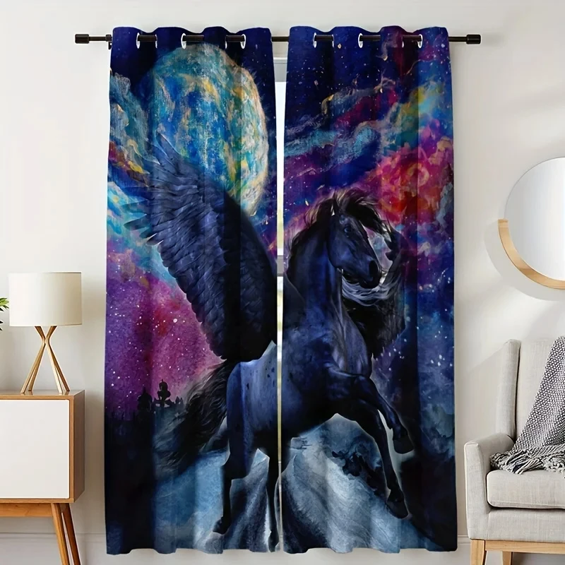 Animal Flying Horse Printed Curtains Fashion Printed Curtain for Bedroom Kitchen Living Room Home Decor New Pattern 2 Panels