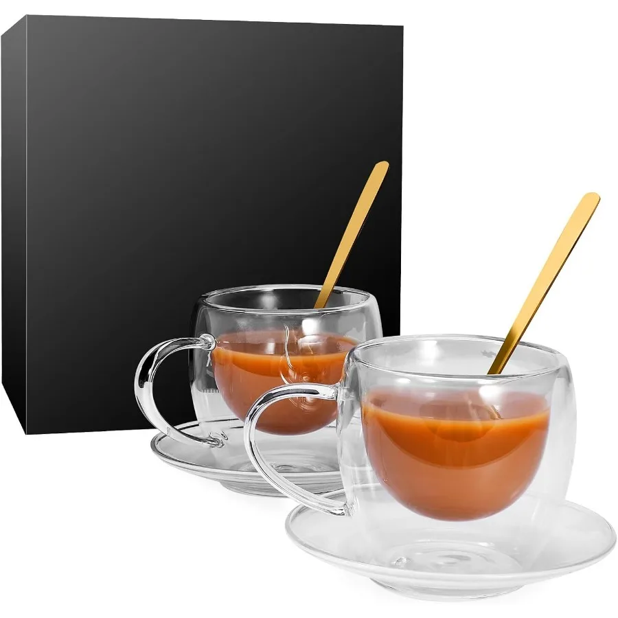 

Luxurious Clear Glass Coffee Cups with Spoons in a Premium Gift Box Set of 6 Pieces 5.5oz Double Wall Insulated Reusable Coffee