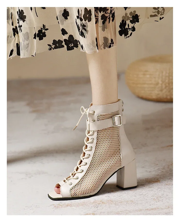 Women\'s Short Boots Mesh Sandals Fish Mouth Beginner Dance Shoes High Heel Ballroom Party Chunky Belt Buckle