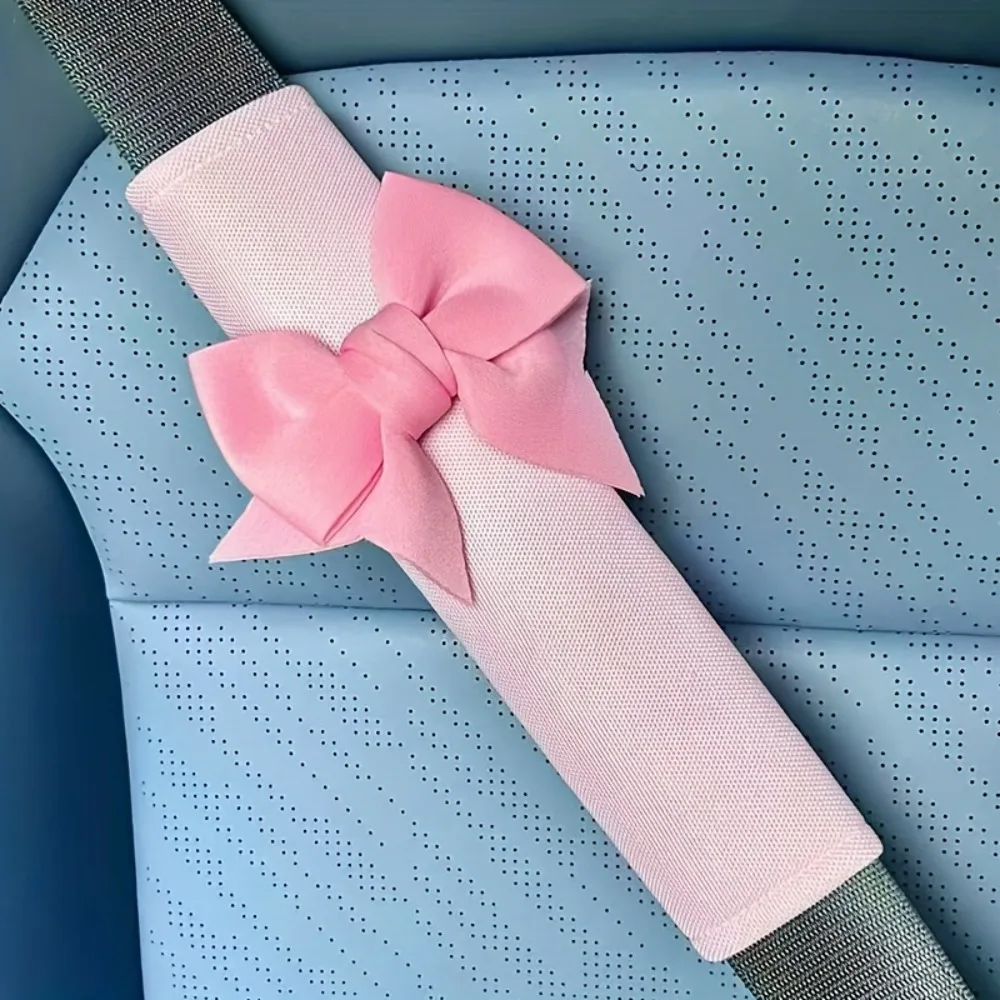 2PCS Solid Color Bowknot Ice Silk Shoulder Pads Car Seat Belt Protective Covers Car Anti-Slip Pads Shoulder Covers Car