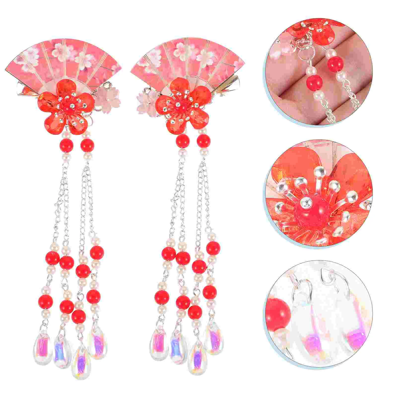 2 Pcs Hair Clip Fan Hairpin Bride Clips Accessories Kids Girls Flower Beaded Hanfu 15x7cm Small Red Women Child