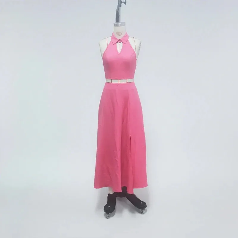

Women's Casual Pink Two Piece Halter Collar Top Split Maxi Skirt Great for Summer Events Beach Vacations Fashionable Gatherings