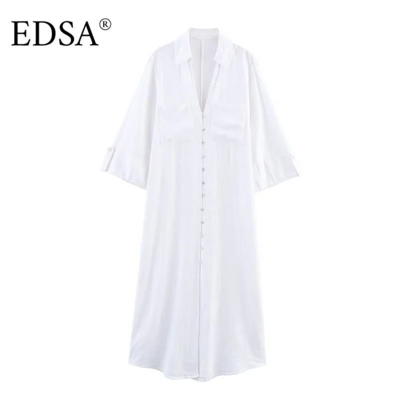 EDSA المرأة قميص كتان على غرار ميدي فستان التلبيب الياقة الخامس الرقبة طويلة الأكمام فتحات جانبية فساتين طويلة فضفاضة زر متابعة