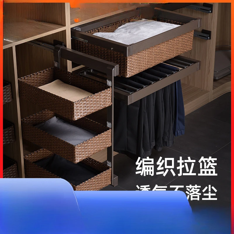 Wardrobe pull basket telescopic side mount rattan basket trouser hanger cloakroom storage drawer storage basket with built-in