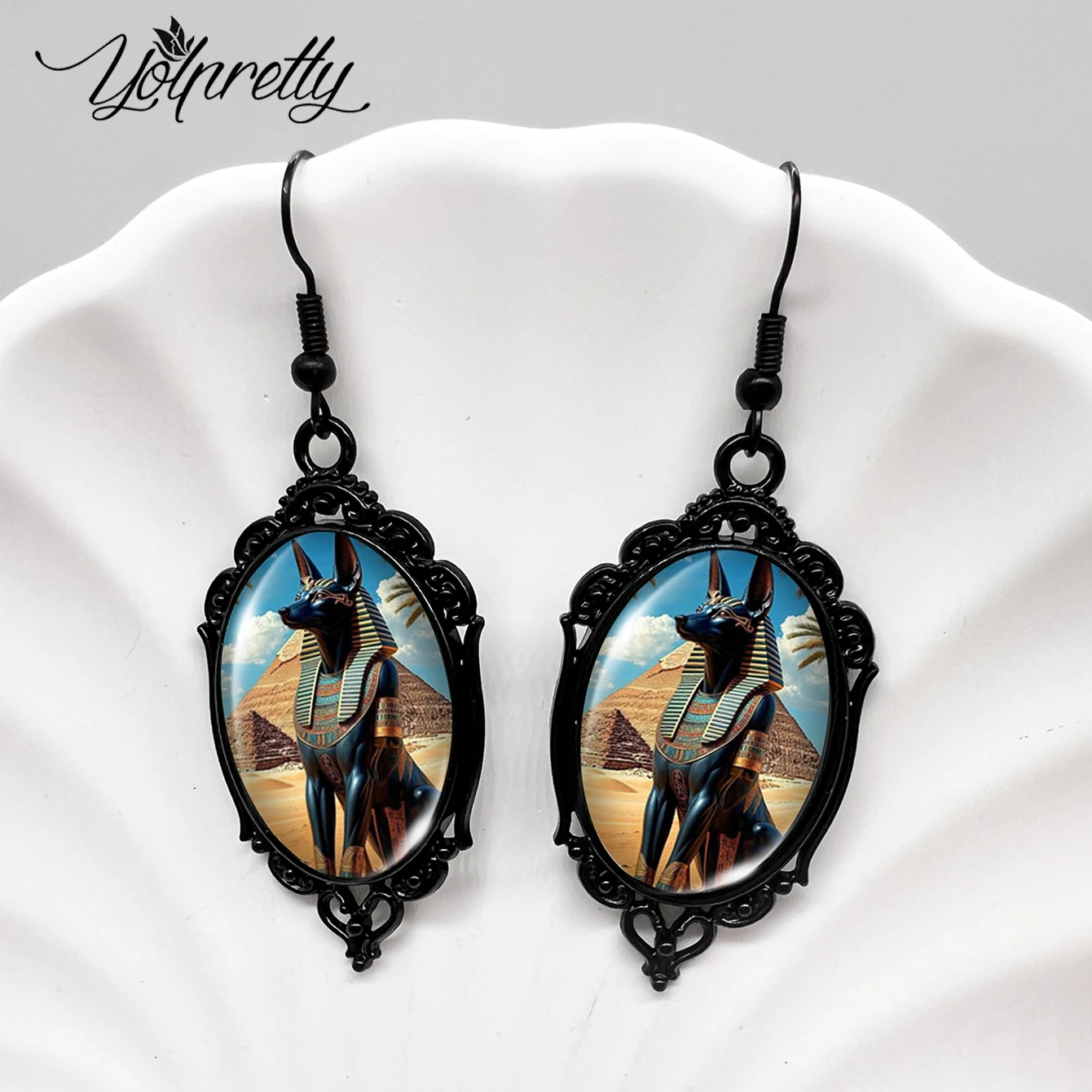 New Anubis and the Pyramid Picture Oval Glass Cabochon Handmade Fish Hook Black Flower Shaped Dangle Earrings