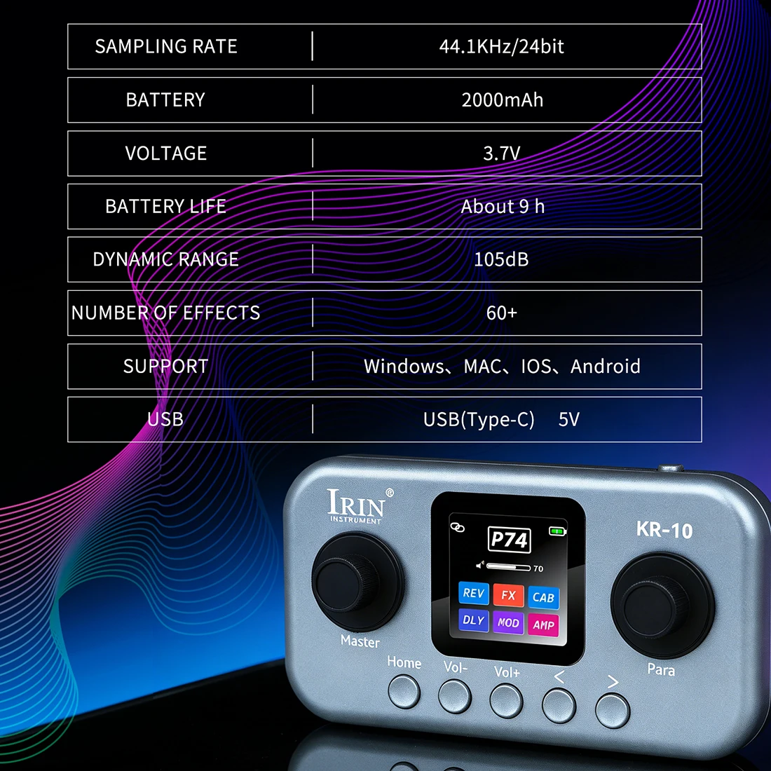 IRIN KR-10 Effect Guitar Bass Pedal Processor Guitar Bass Pedal Processor Desktop Effects Unit 80 Tone Presets 40 Factory Parts
