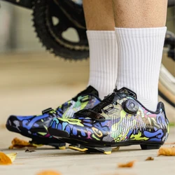 Santic Unisex Cycling Lock Shoes Men's Women Printed Outdoor Road Bike Riding Bicycle Sneakers Nylon Sole Auto-lock Biking Shoes