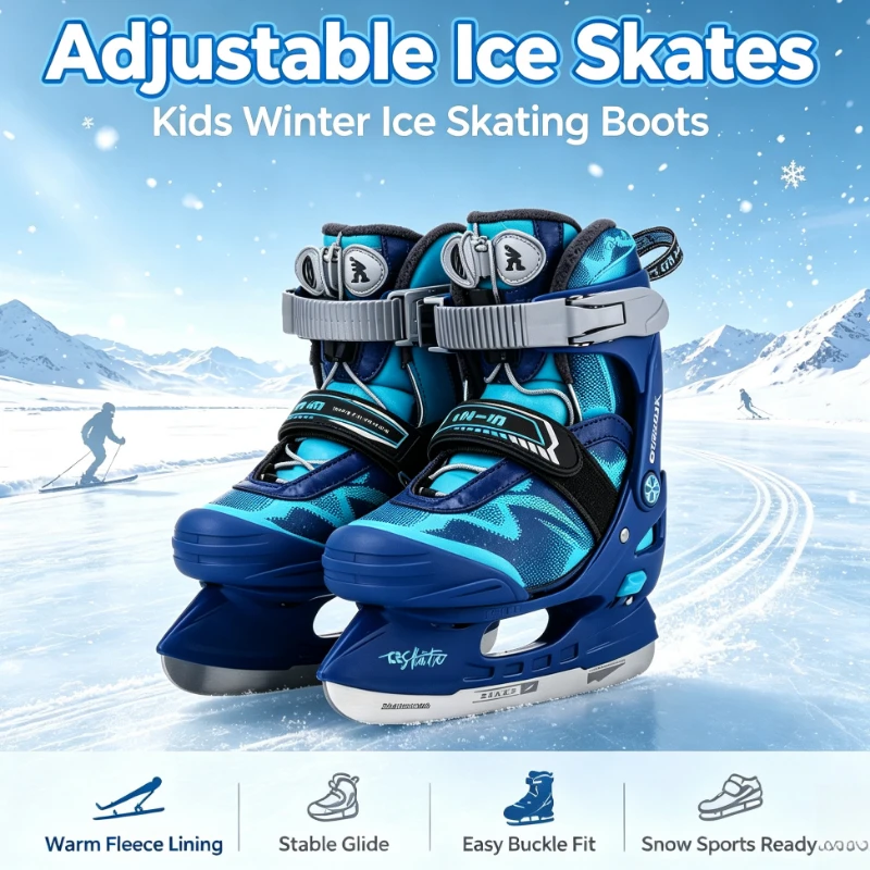 Size Adjustable Kids Ice Skates Stainless Steel Blades Ice Skating Shoes Safe Support Warm Ice Skating Boots for Beginners