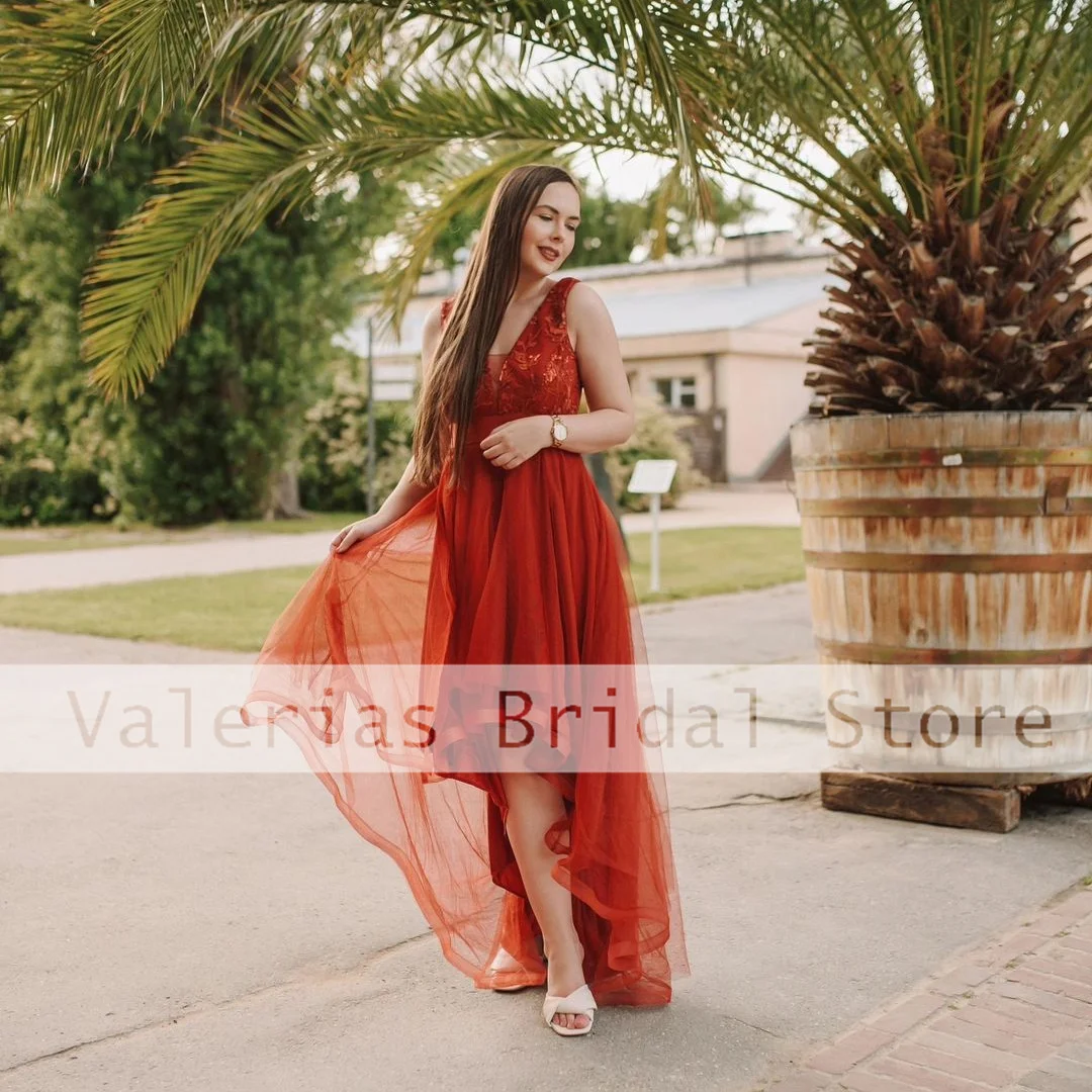 Vestido de tul sin mangas con cuello en V Alto y Bajo Para mujer, traje de noche Formal, Para fiesta de boda, Para Niñas, rojo, 2024