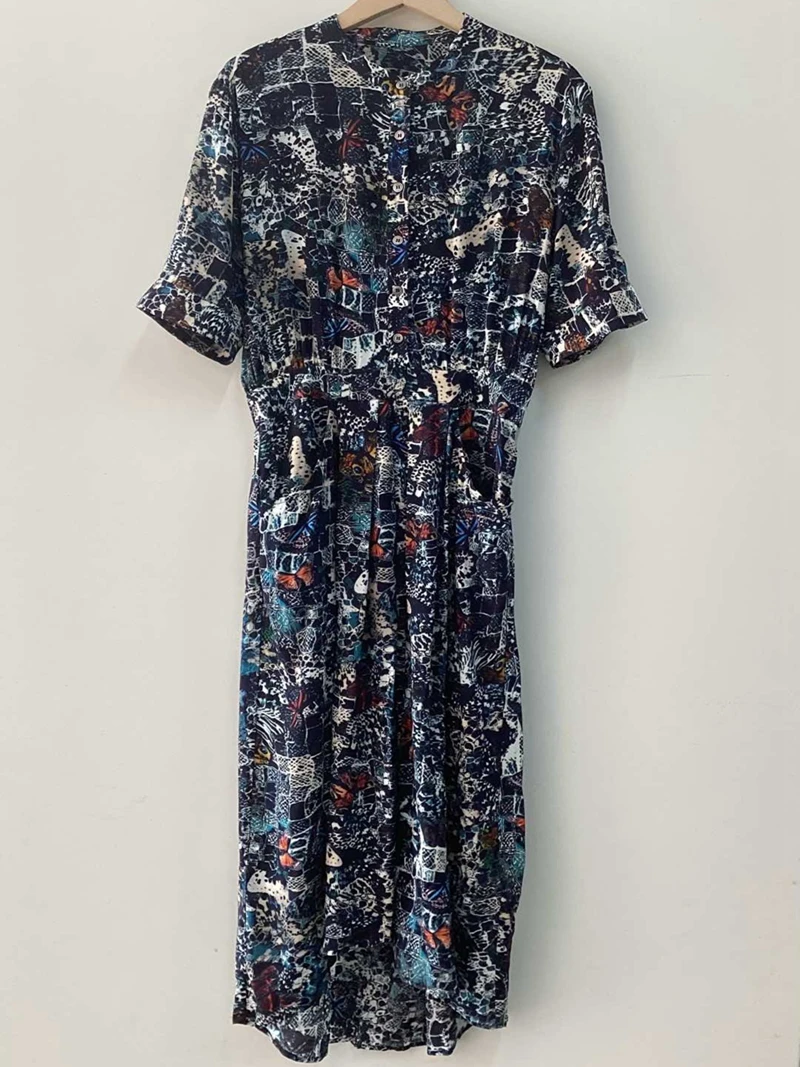 

Dress Spring/Summer New Product Elegant and Comfortable Retro Square Printed Elastic Waist Short Sleeve Long Dress