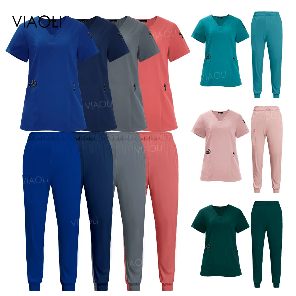 Scrub uniformi ospedale elastico infermiere medico Scrub uniforme set manica corta Top + pantaloni farmacia Pet Grooming articoli infermieristici