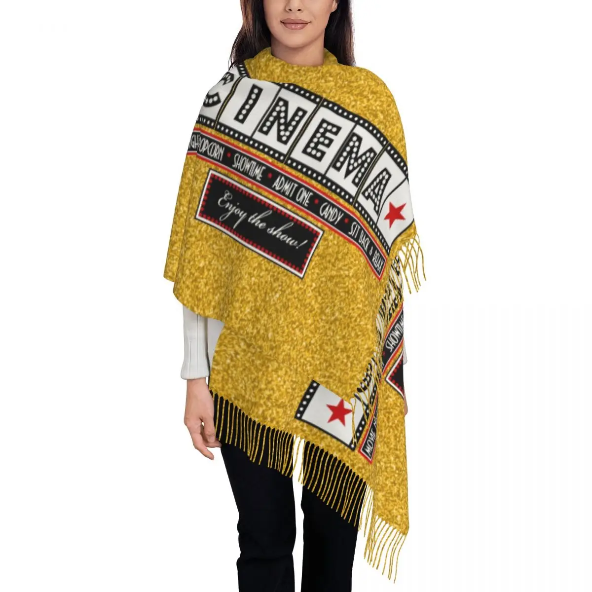 Movie Theater Cinema Film Gold Tassel Scarf Women Soft Shawl Wrap Lady Winter Scarves