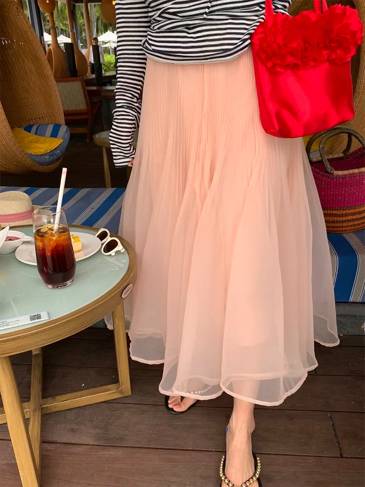 

Pink Elastic Waist A-Line Skirt Women's Spring 2026 New Pleated Skirt Korean Style Commute Polyester Fiber High Waist