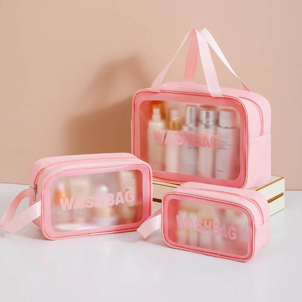 Portable Airport Cosmetic Clear PU Makeup Bag for Travel Bathroom Men Women Waterproof Toiletry Travel Bag with Zipper Handle