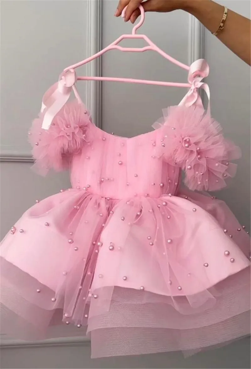 

Handmade Baby Girl First Birthday Dress with Pearls Layers Organza Tutu Puffy Christmas Dresses Little Baby Vestidos