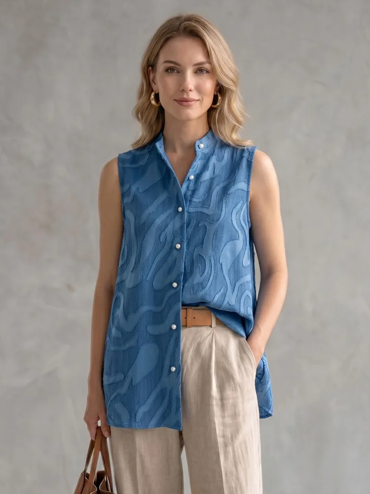

Yeezzi Women's Fashion Contrast Color Textured Stand Collar Blouses 2026 New Sleeveless Buttoned Casual Minimalist Shirts Tops