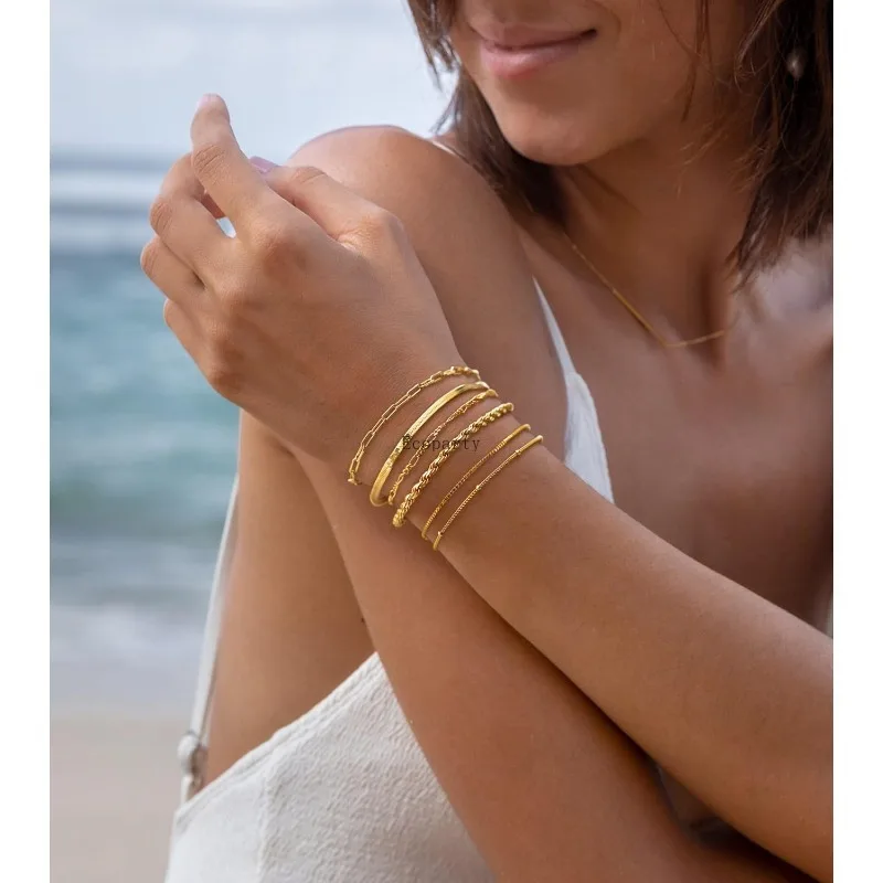 Bohemian Minimalistyczny Metalowy Łańcuszek Damski Zestaw 6 Wielowarstwowych Łańcuszków Proste Modne Bransoletki Biżuteria Ślubna Prezenty Urodzinowe