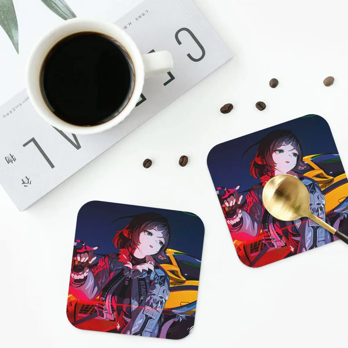 

Kawaii Anime Girl Jane Doe Cartoon Coasters Kitchen Placemats Non-slip Insulation Cup Coffee Mats For Decor Pads Set of 4