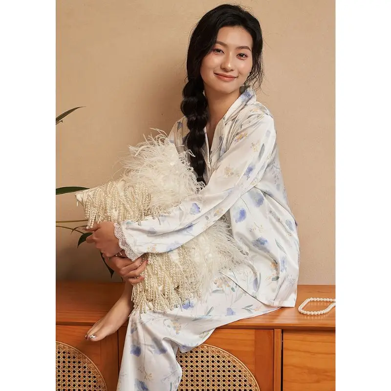 Women\'s Pajamas Sets Spring Autumn 2 Piece Flower Print Pyjama Femme Faux Silk Satin Sleepwear Long Sleeve Pijama Mujer Homewear