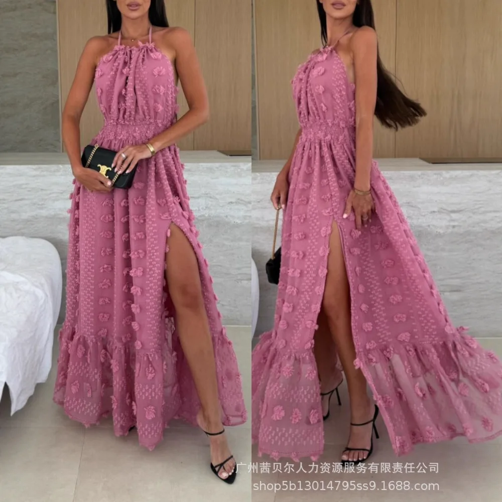 ハイウエストホルターネック3Dフラワーメッシュスリット入りイブニングドレス、バックレスシャーリングラッフルヘム、ダブルレイヤーマキシドレス（レディース）