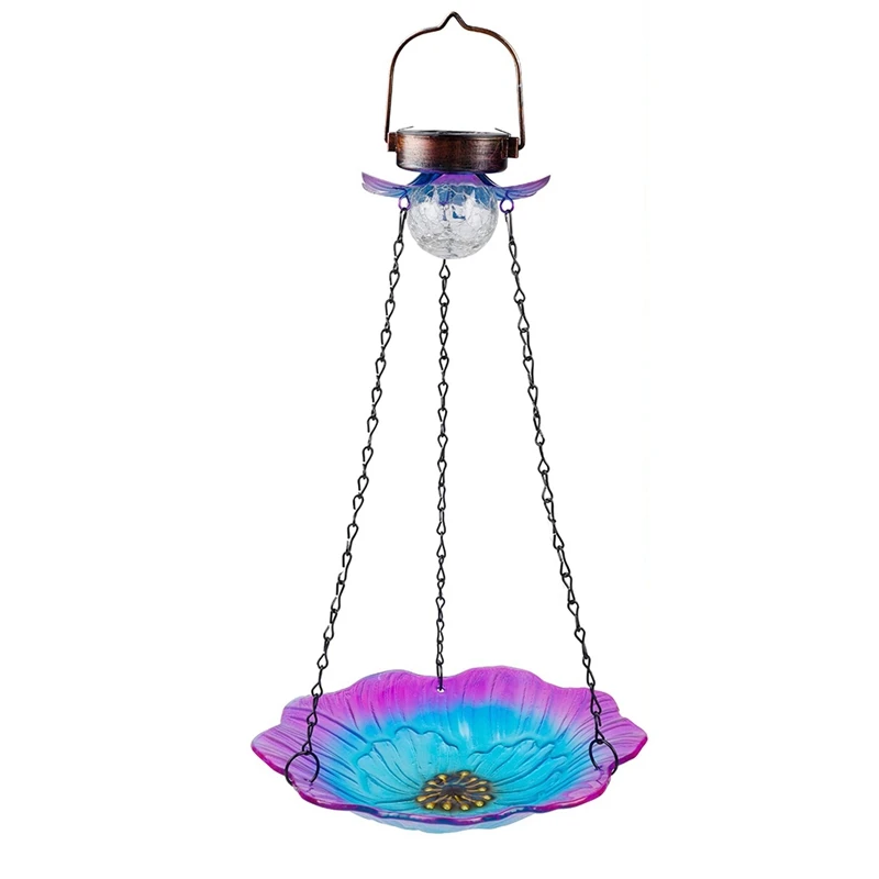 

Solar Powered Bird Bath For Outdoor Hanging, Wild Bird Feeder Glass Flower Seed Tray Outside, Waterproof Birdfeeders