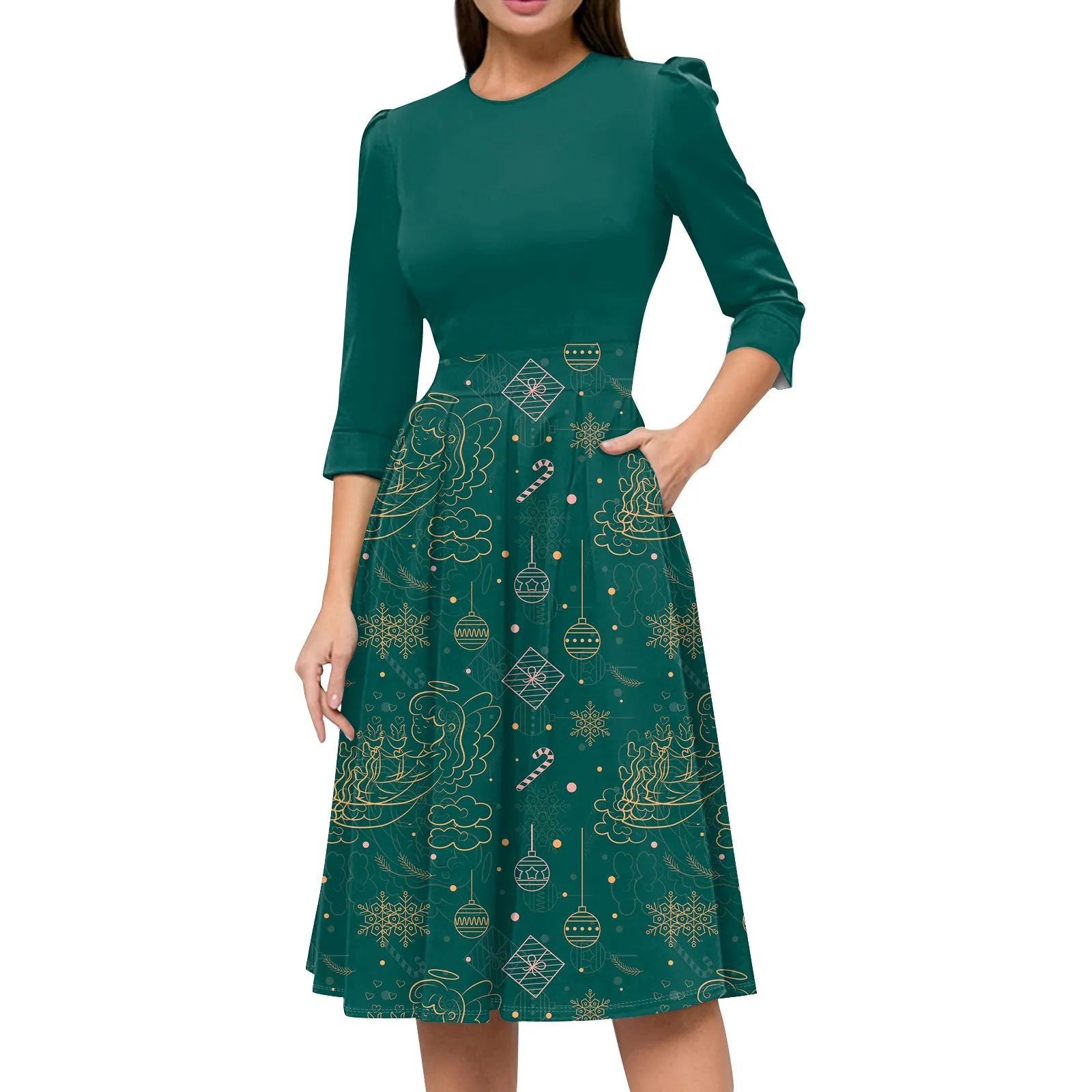

Women 2025 New Dress Ladies Casual And Fashionable 3/4 Sleeve Pocket With Back Zipper Dress Vestidos Feminino
