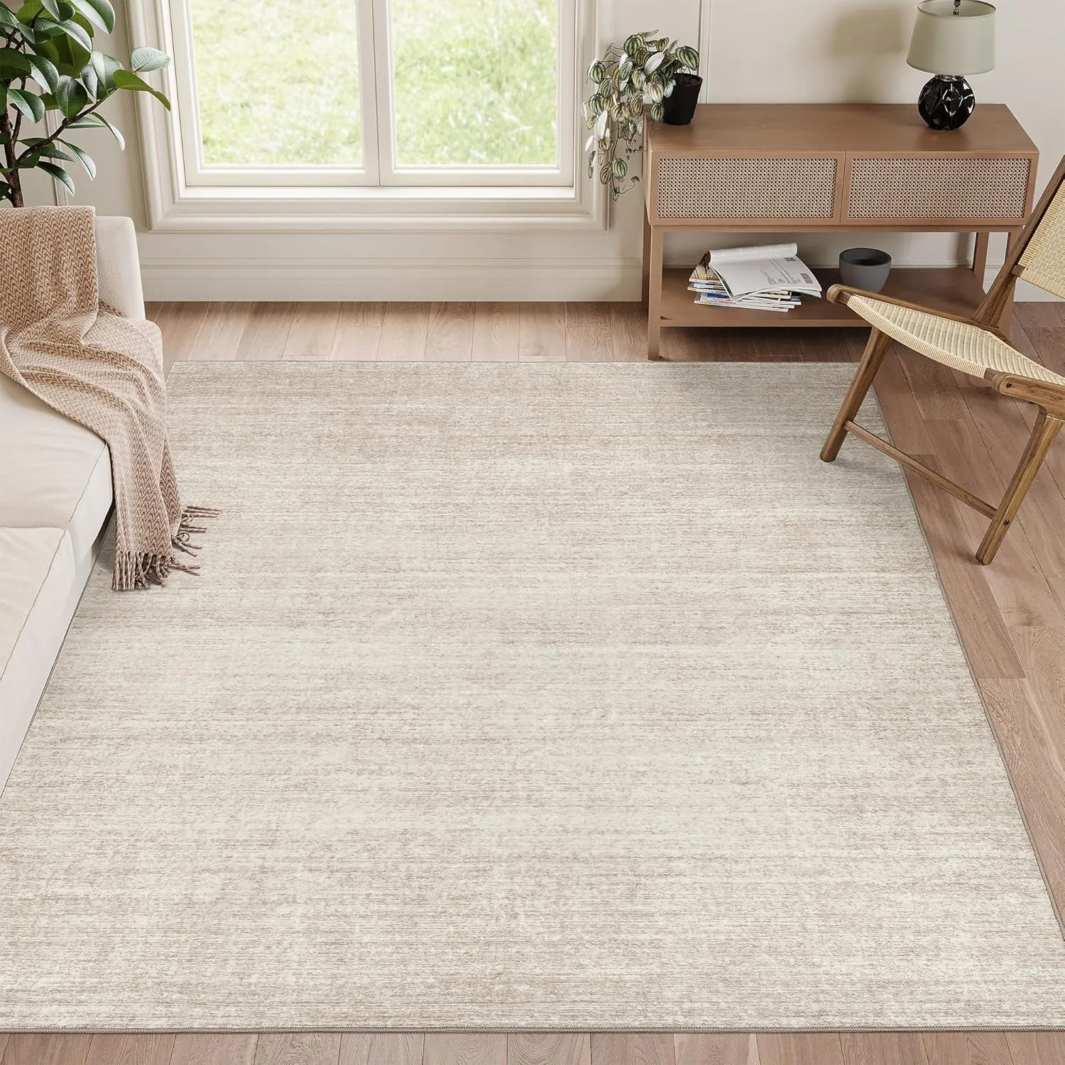 Washable Rugs 5x7 for Living Room, Non Slip Backing Printed Rugs for Bedroom, Folable Machine Washable Area Rug (5'x7', Beige)