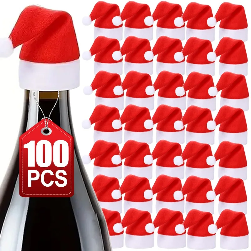 

50/1Pcs Mini Santa Hats Wine Bottles Cover Non-Woven Fabric Lollipops Caps Fork Knife Cutlery Bag Xmas Table Dinner Decoration