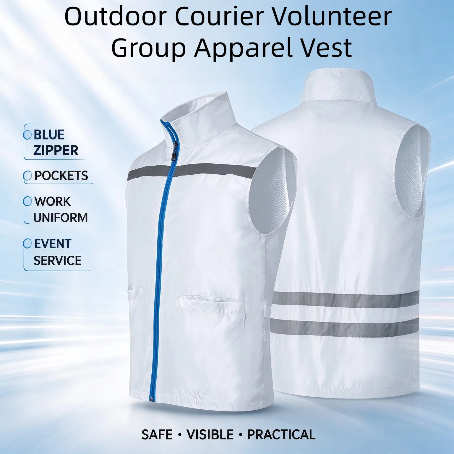 2026 Unisex White Sleeveless Waistcoat High Visibility Strips Courier Volunteer Group Apparel Vest With Pockets Printing LOGO