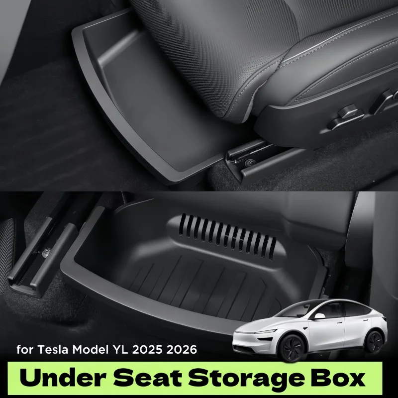 Under Seat Storage Drawers for Tesla Model YL 2026 Front Seat Waterproof Organizer Box for 6-Seater Slide-Out Tool-Free Install