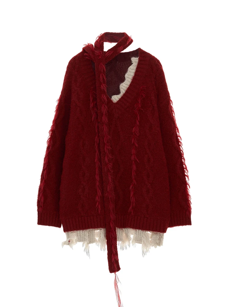 

MAMC Women's Knitted Sweater Autumn Winter New Sle Loose V-Ne Long Sve Top with Scarf Twist Knitwear Casual Faion