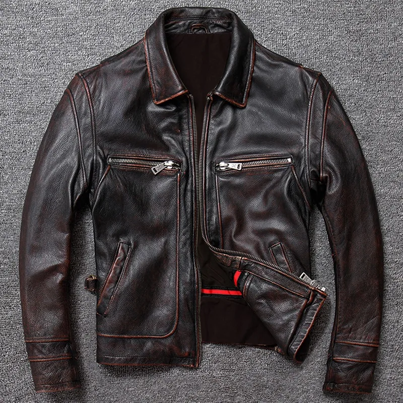 Men Genuine Leather Jacket Vintage Style Real Leather Clothes Classic Men Cowhide Coat Natural Men Clothing Calf Skin Clothes